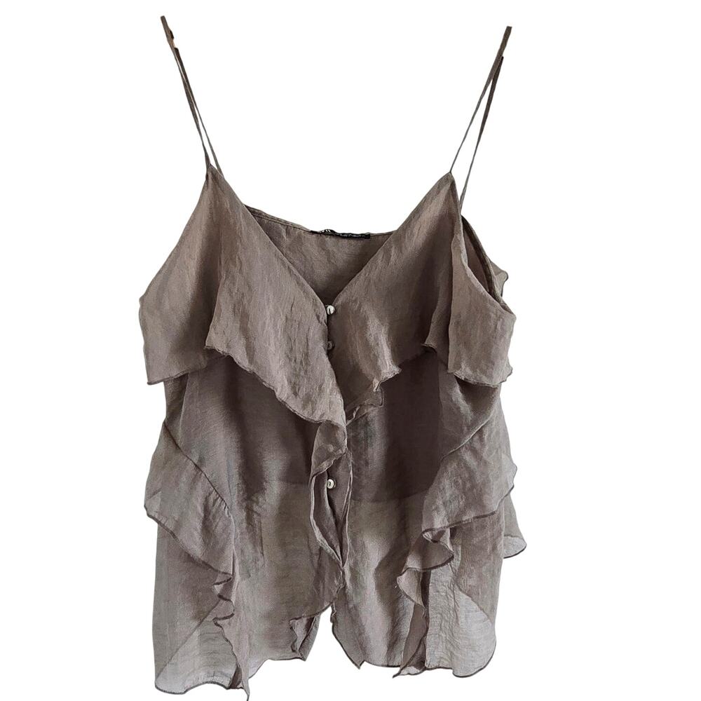 Zara Sheer Raffled Camisole Strappy Top Size XL Tan Romantic Boho